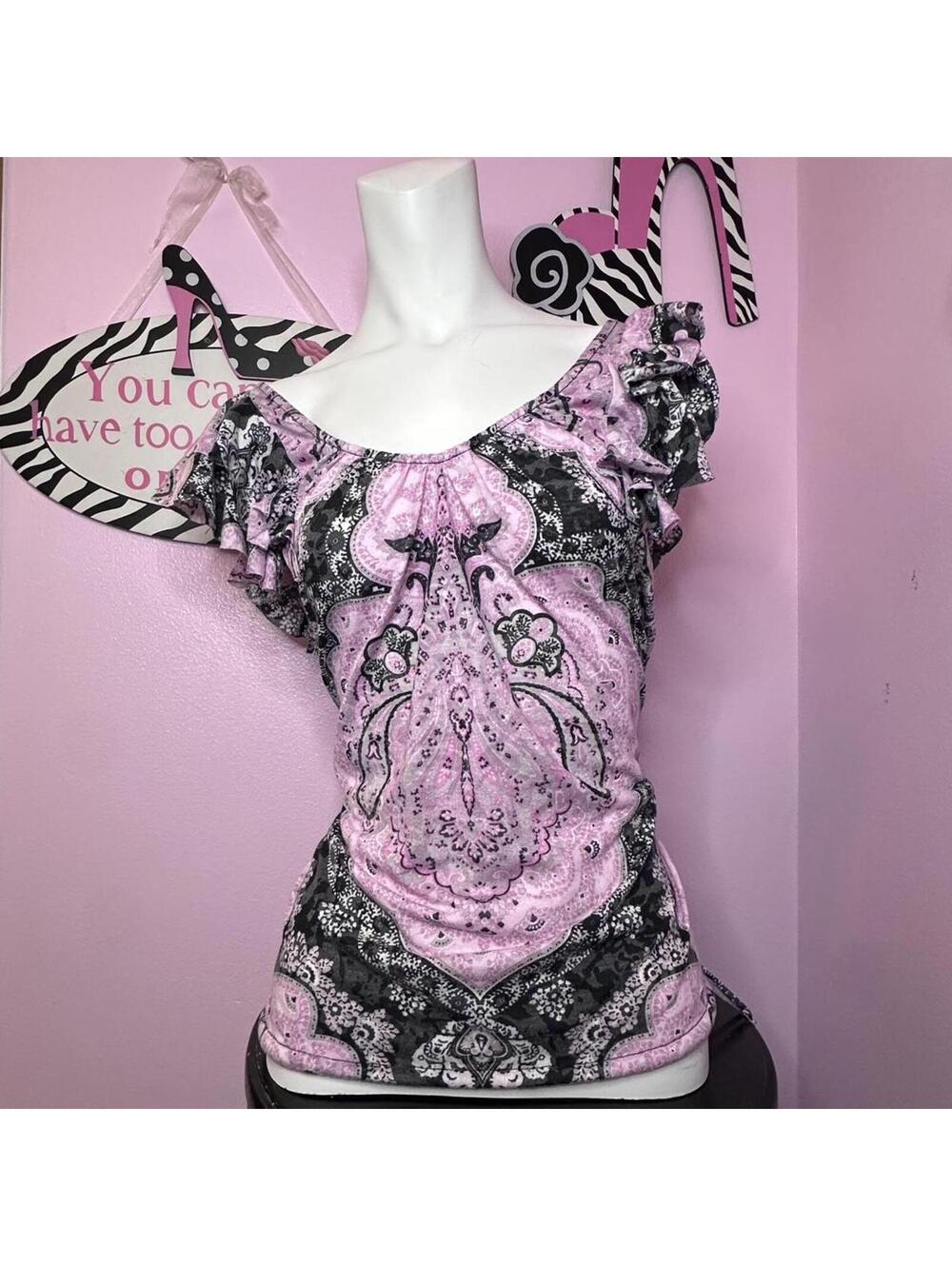2000s Pink paisley print top with ruffle and tie details, size Small